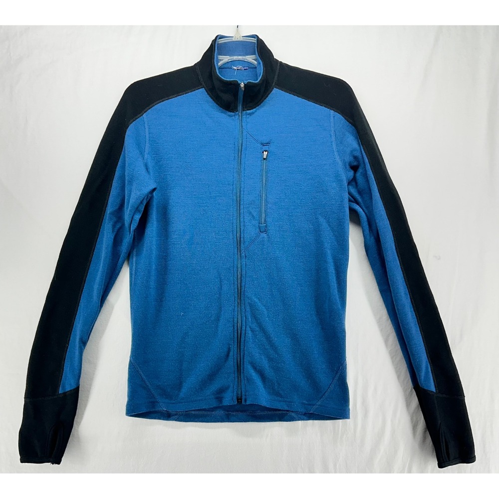 Ibex 100% Merino Wool Full Zip Jacket Blue Black Thumbholes Women Small